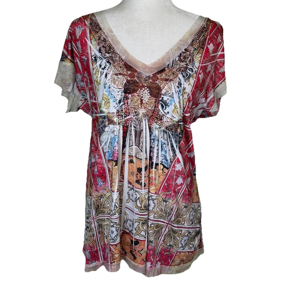 Women Boho Maximalist Festival Tunic Top Rhinestone Embellished V‎ Neck Size Lg